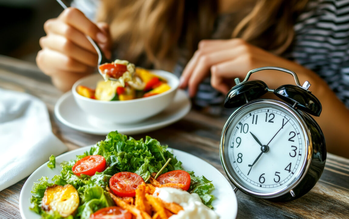 Nő friss salátát eszik az időszakos böjt (böjtölés) terv részeként, miközben egy ébresztőóra jelzi a böjt és étkezési időablak időzítését
