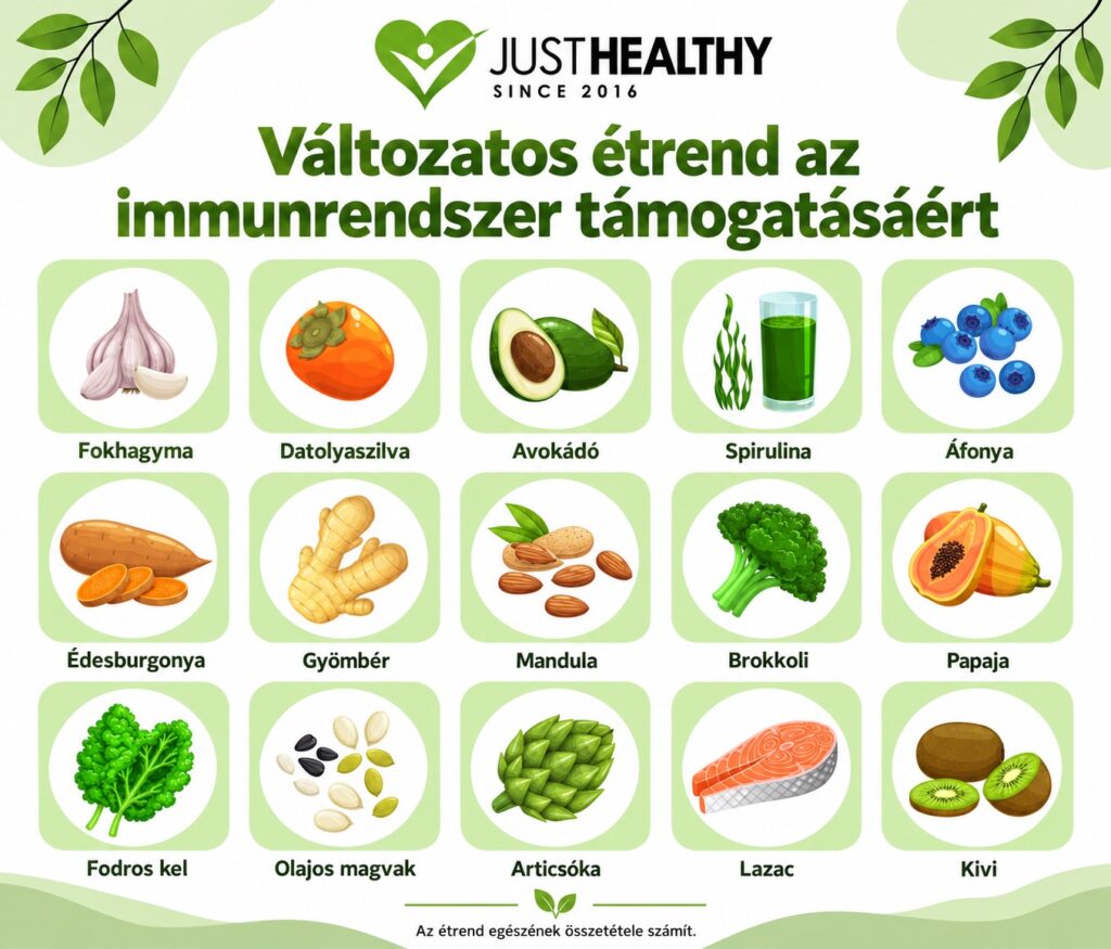 Immunrendszer-erősítés változatos étrenddel: zöldségeket, gyümölcsöket, lazacot és olajos magvakat bemutató, magyar feliratú JustHealthy-infografika.